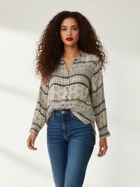 White Crow Boho Mixed Print Button Down Tunic Blouse - Small